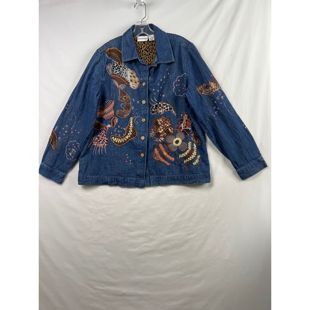 Breckenridge Denim Jacket Womens XL Blue Mixed Media Embroidery Animal Print Art